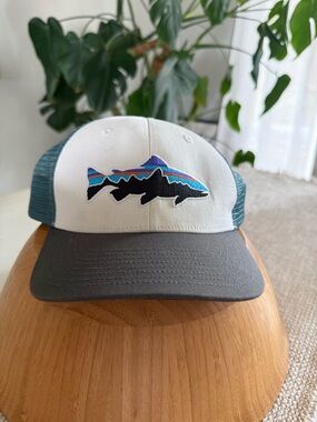 💖3 for $25 bundle💖 Patagonia Trout Patch Trucker Hat in White, Teal & Charcoal